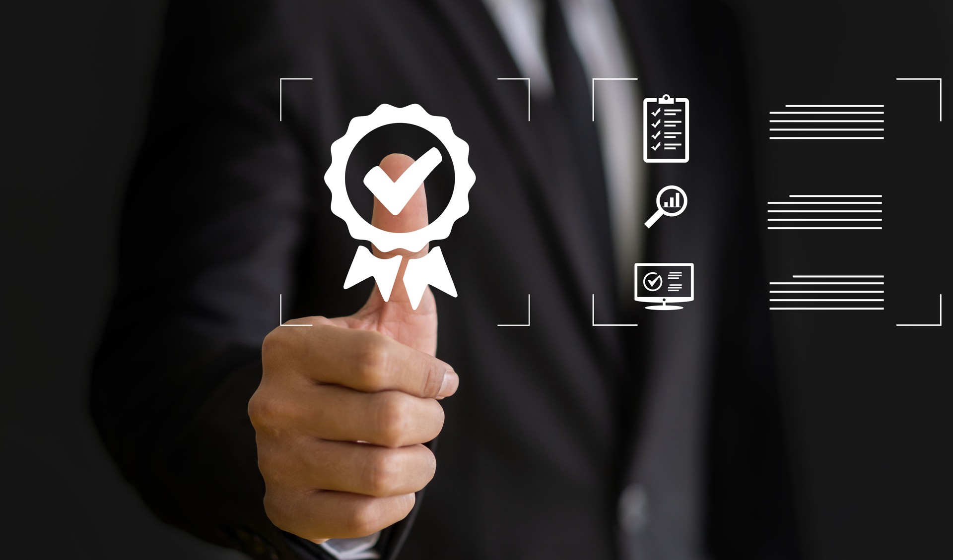 Business hand with the sign of the top service Quality assurance, Guarantee, Standards, ISO certification and standardization concept, online shopping, satisfaction, service experience
