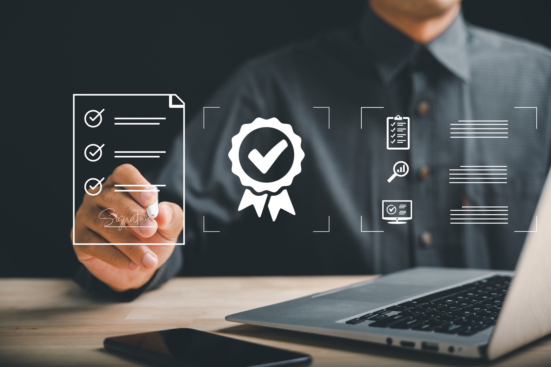 Efficient document management Businessman uses pen to sign electronic documents on virtual screen